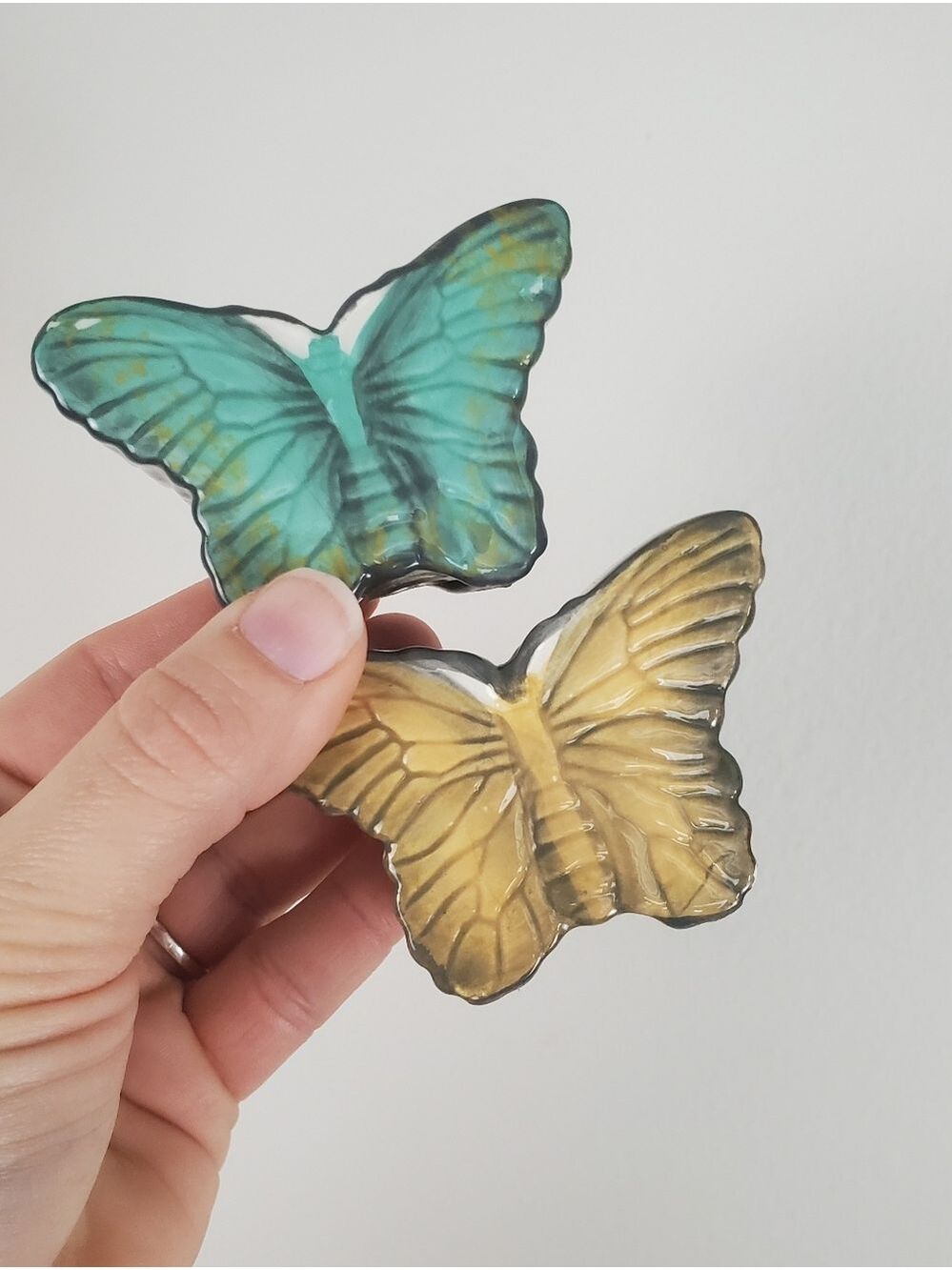 Vintage Ceramic Blue Yellow Butterfly Moth Salt Pepper Shakers Set